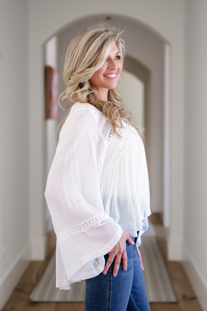 POL Solid Long Sleeve V Neck Ruffle Blouse