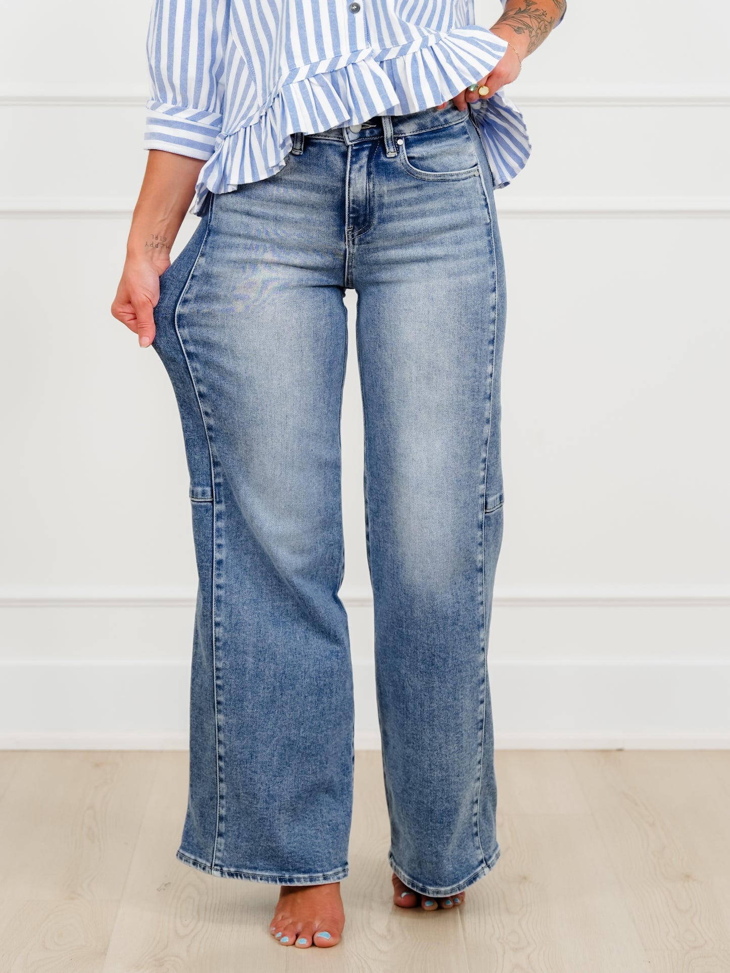 Risen High Rise Medium Wash Wide Leg Jeans with Contrast Side Panel