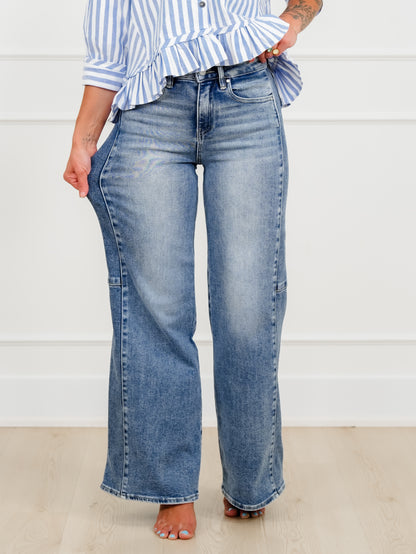 Risen High Rise Medium Wash Wide Leg Jeans with Contrast Side Panel