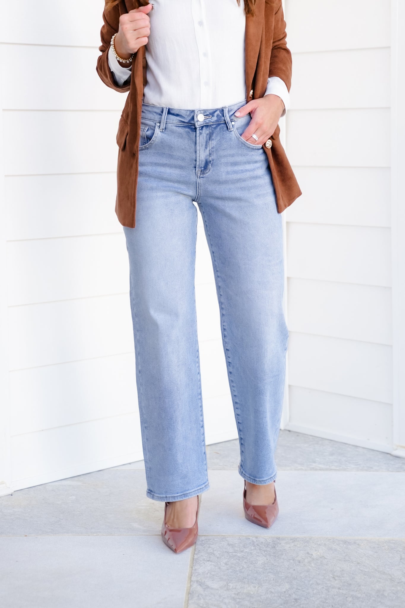 Risen High Rise Light Wash Cuffed Barrel Jeans
