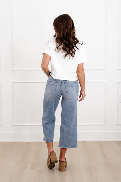 Judy Blue The Carolina Mid Rise Light Wash Crop Wide Leg Jeans with Center Seam