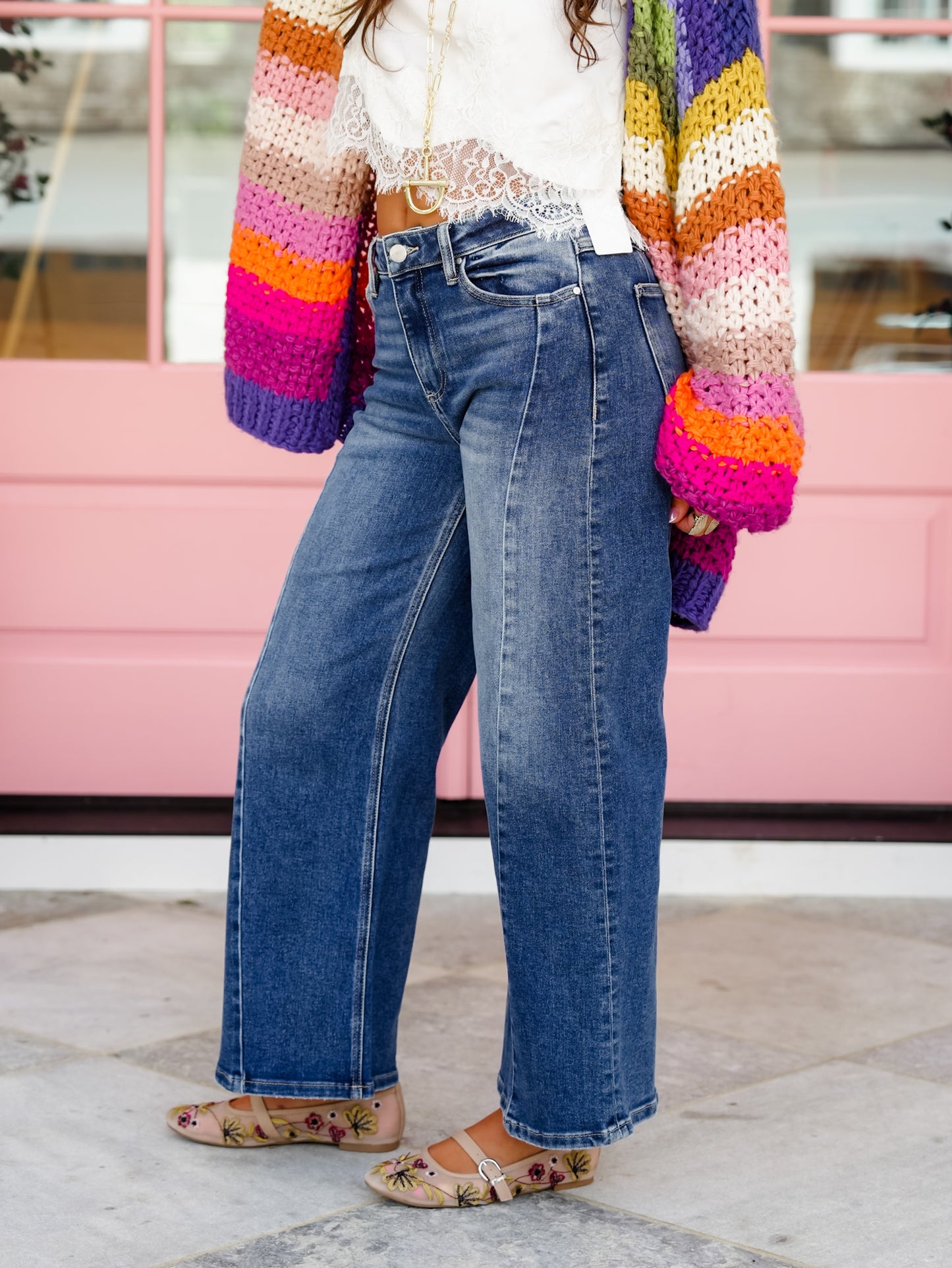 Restock! Risen The Willow Multi Inseam Dark Wash Wide Leg Seam Front Jeans - Freckled Poppy