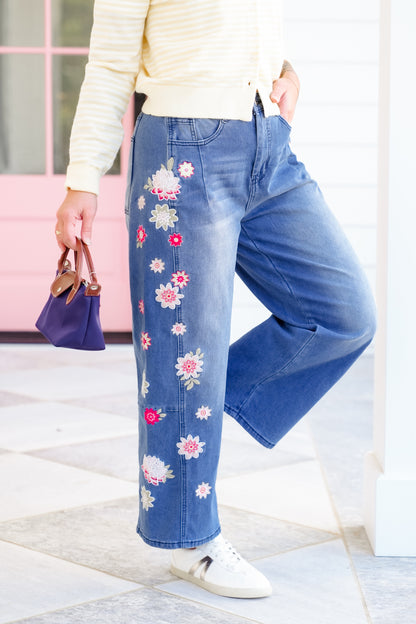 Medium Wash Denim Jeans with Floral Embroidery