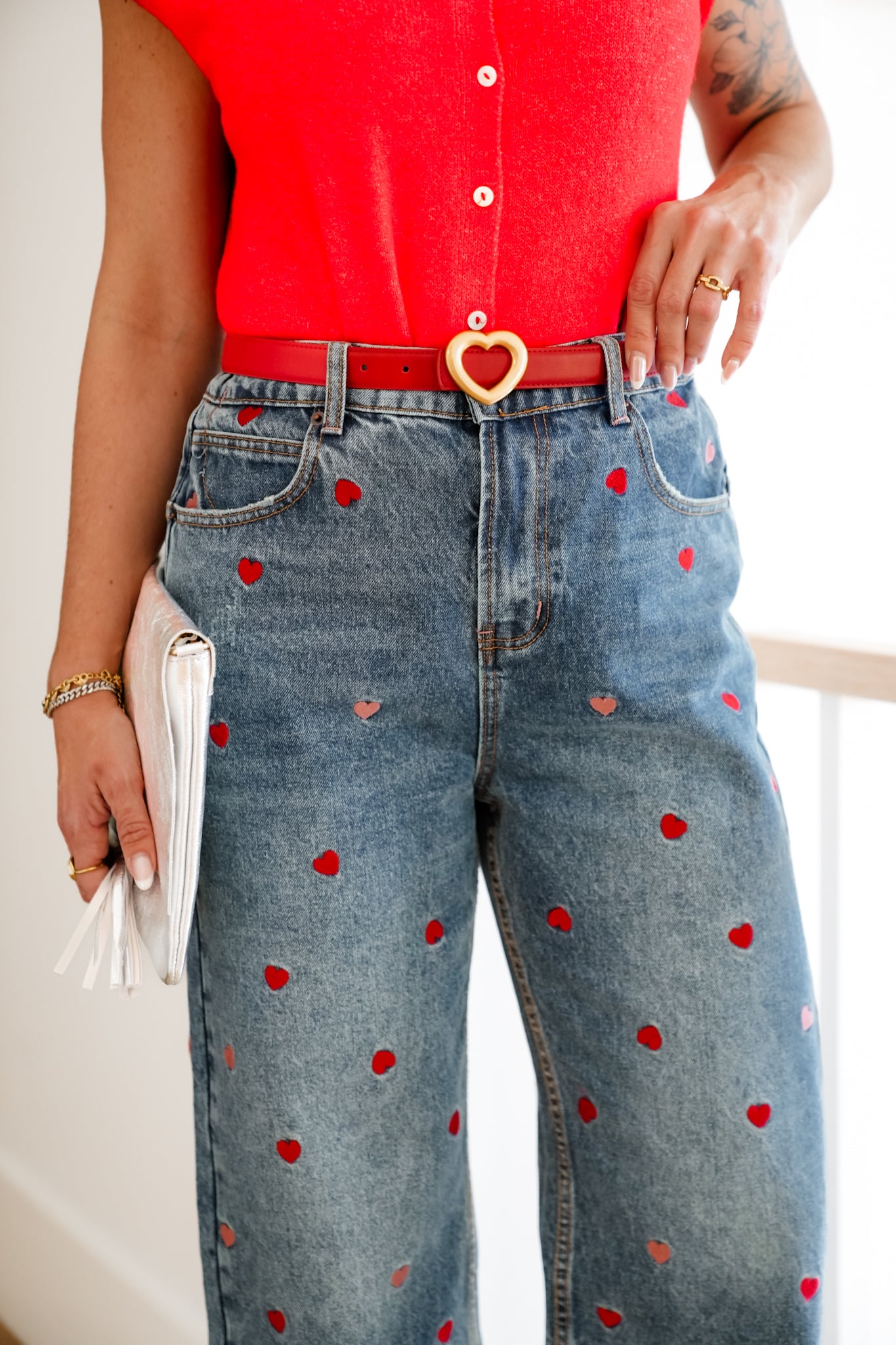 Medium Washed High Rise Embroidered Hearts Jeans