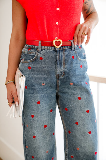 Medium Washed High Rise Embroidered Hearts Jeans
