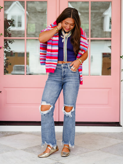 Risen High Rise Medium Wash Straight Leg Cropped Jeans