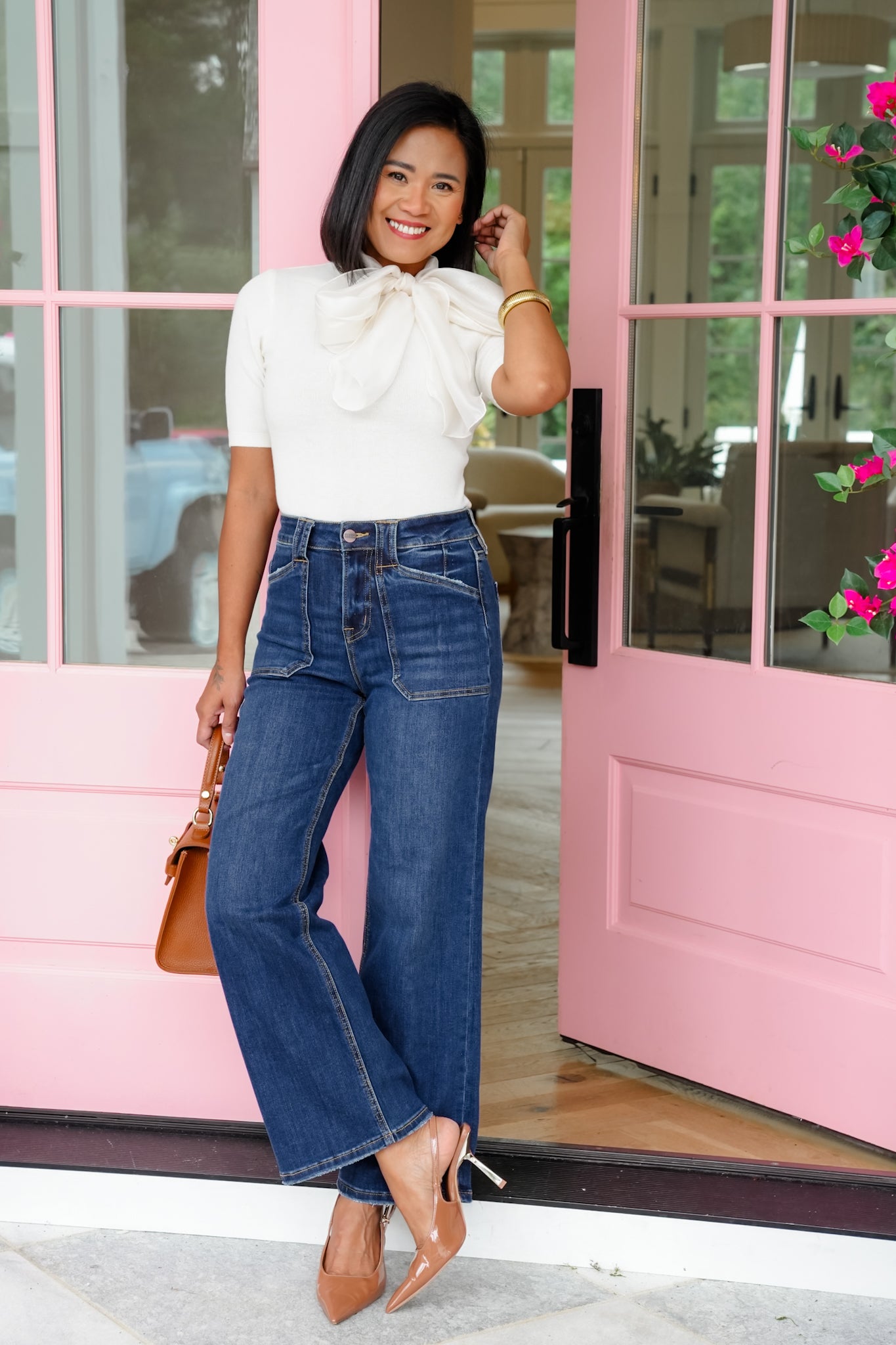 Mica High Rise Dark Wash Wide Leg Jeans with Patch Pockets