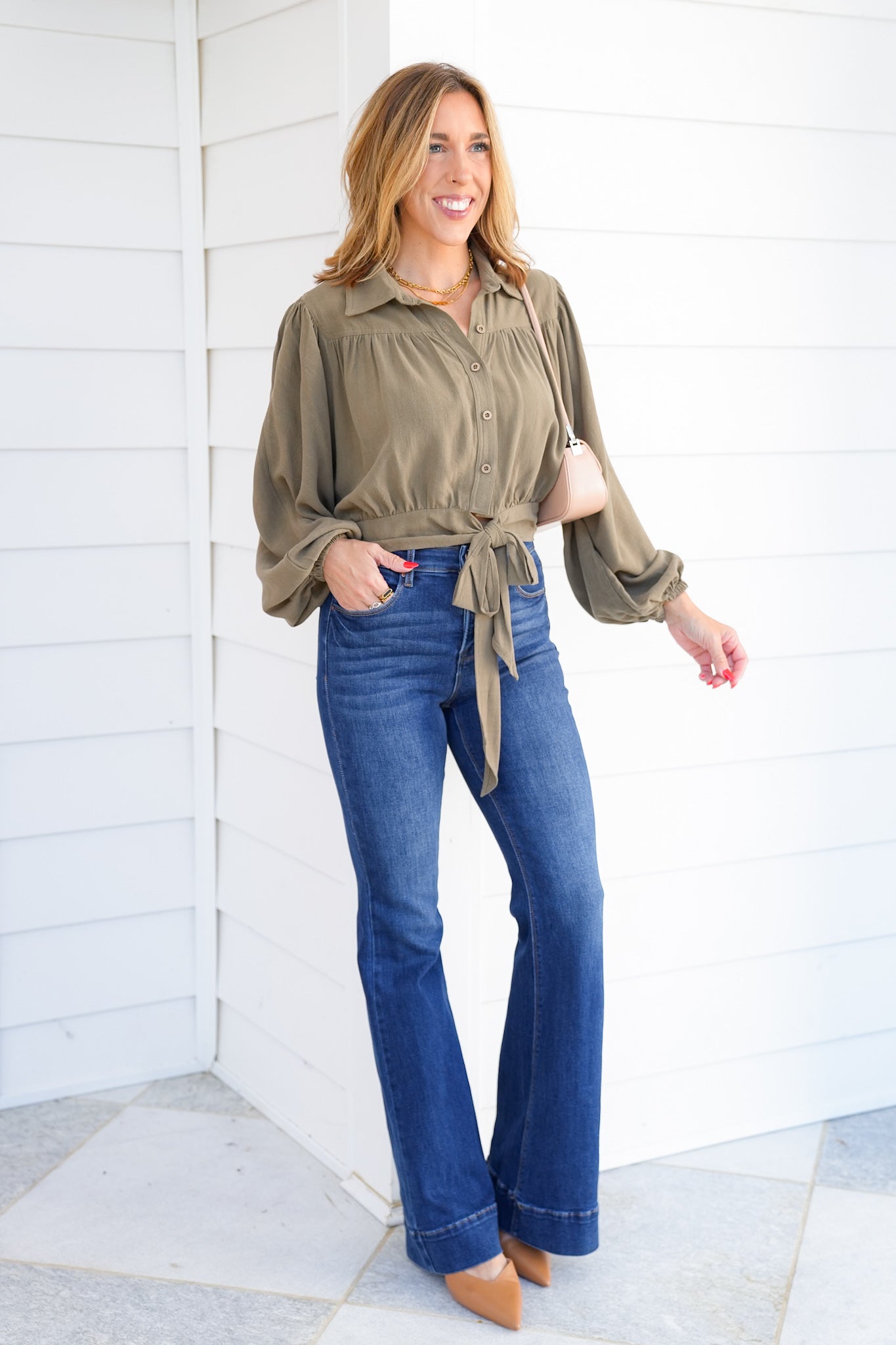 Linen Blend Long Sleeve Button Down Cropped Blouse