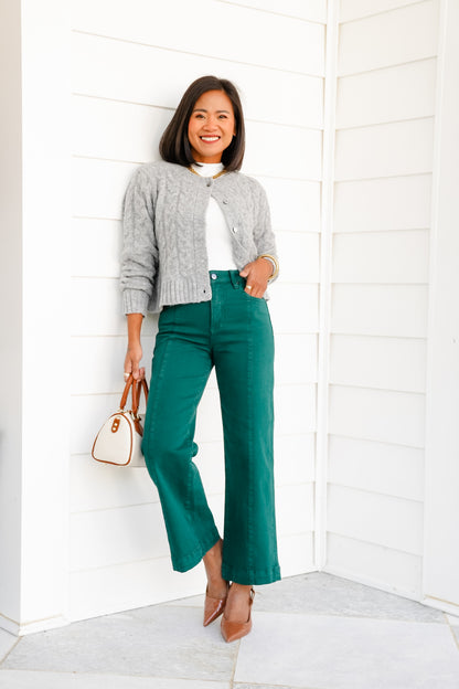 Risen High Rise Green Cropped Wide Leg Jeans