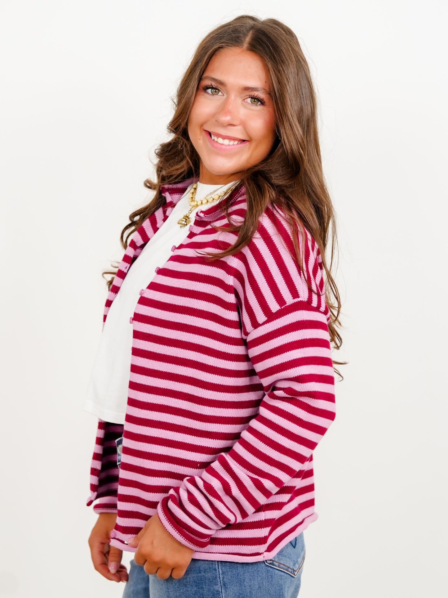 Burgundy Stripe Long Sleeve Button Down Cardigan