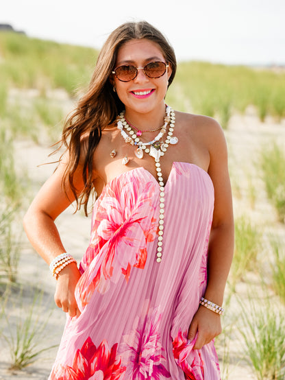 Floral Pleated Strapless Asymmetrical Hem Maxi Dress - Freckled Poppy