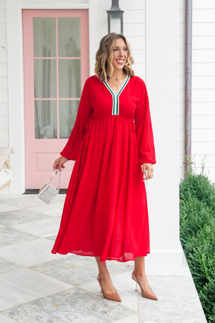 Long Sleeve Drawstring Waist Midi Dress