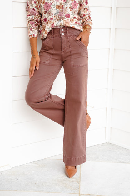 Mica High Rise Brown Double Waistband Wide Leg Jeans