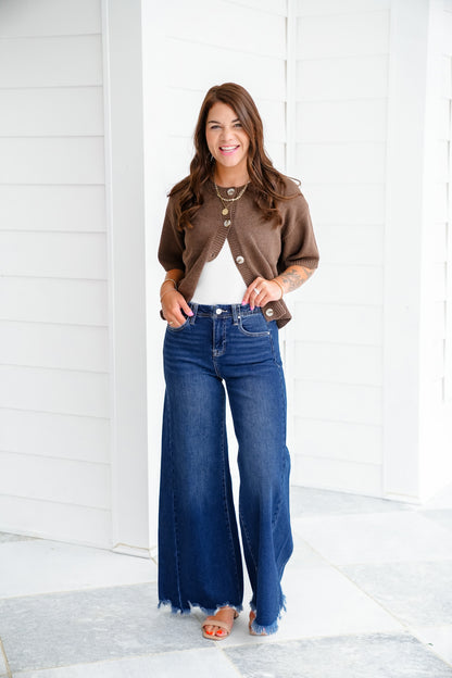 Risen High Rise Dark Wash Wide Leg Jeans