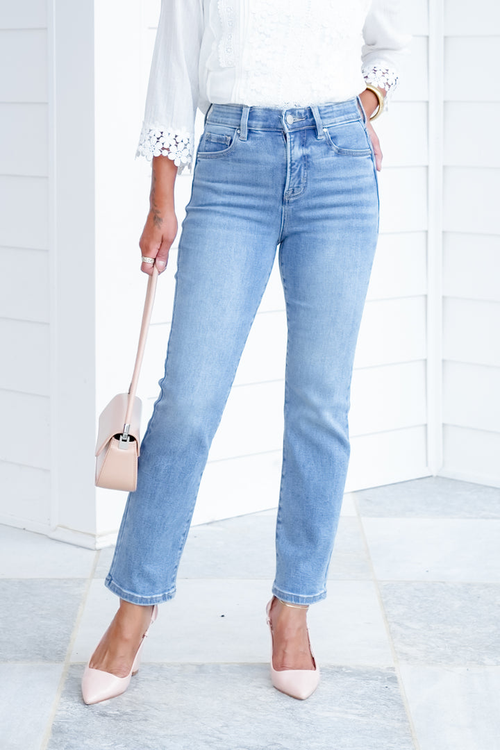Risen High Rise Medium Wash Tummy Control Elastic Waistband Cropped Straight Leg Jeans
