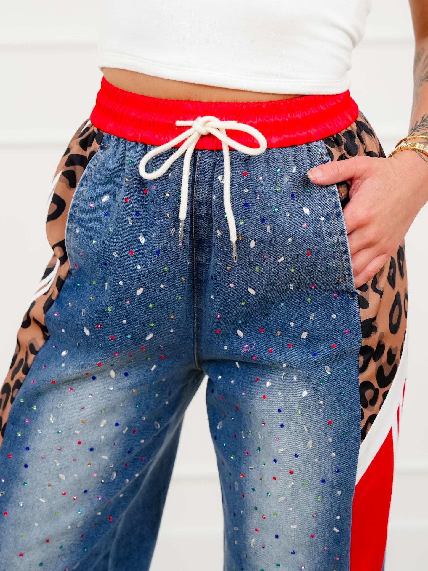 Plus/Reg Rhinestone Elastic Waist Denim Track Pants
