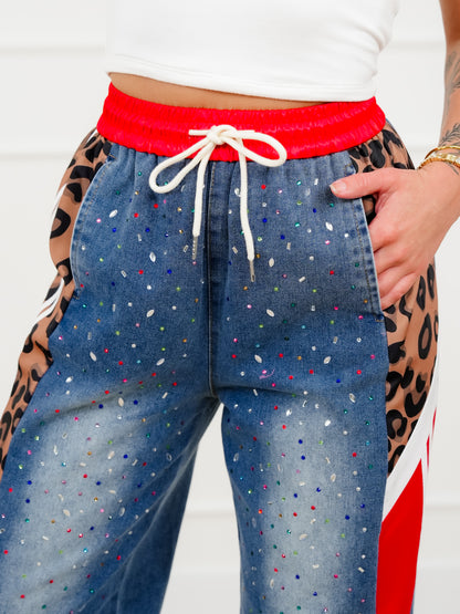 Plus/Reg Rhinestone Elastic Waist Denim Track Pants