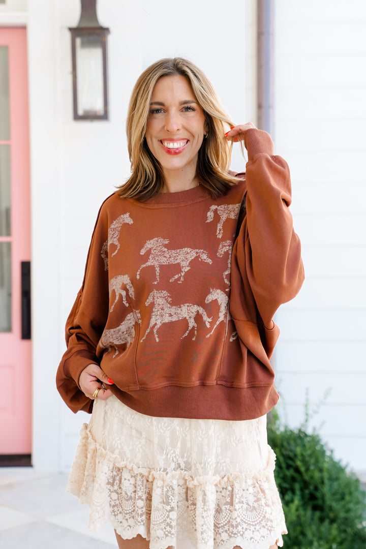 Long Sleeve Horse Graphic Pullover Sweatshirt