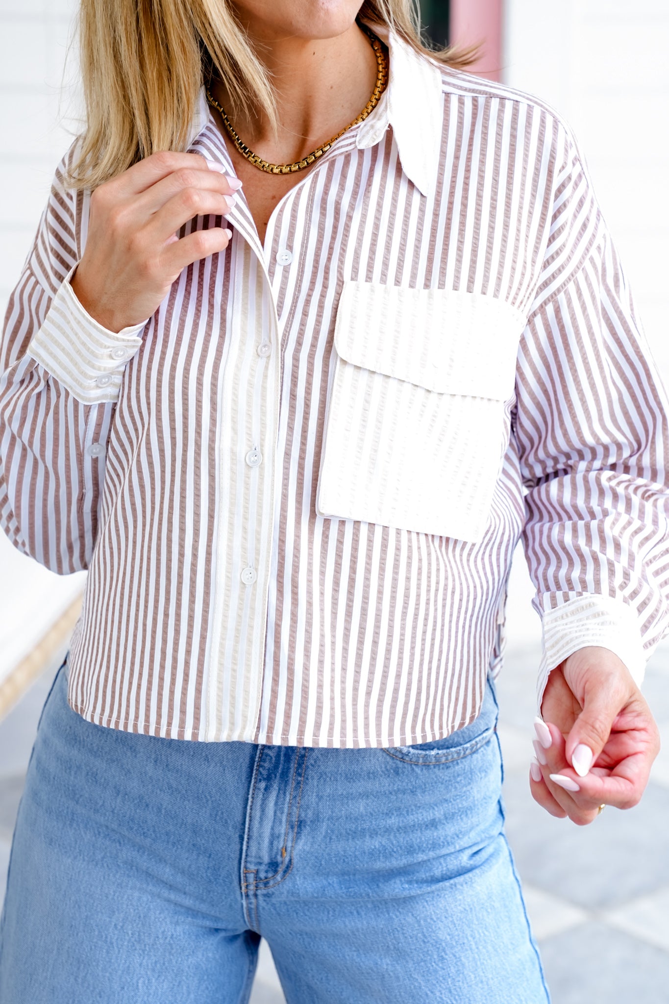 Stripe Color Block Long Sleeve Button Down Top