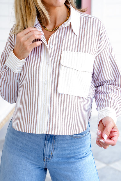 Stripe Color Block Long Sleeve Button Down Top