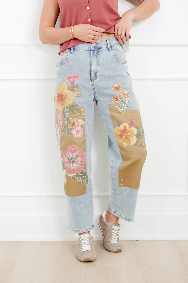 Floral Patch Barrel Jeans with Paint Splatter