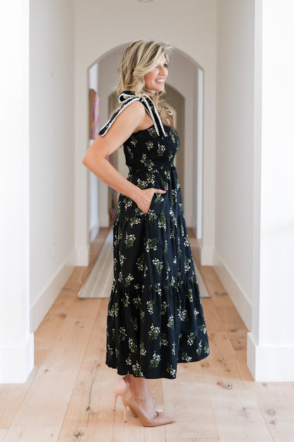 Floral Sleeveless Tie At The Shoulder Tiered Midi Dress