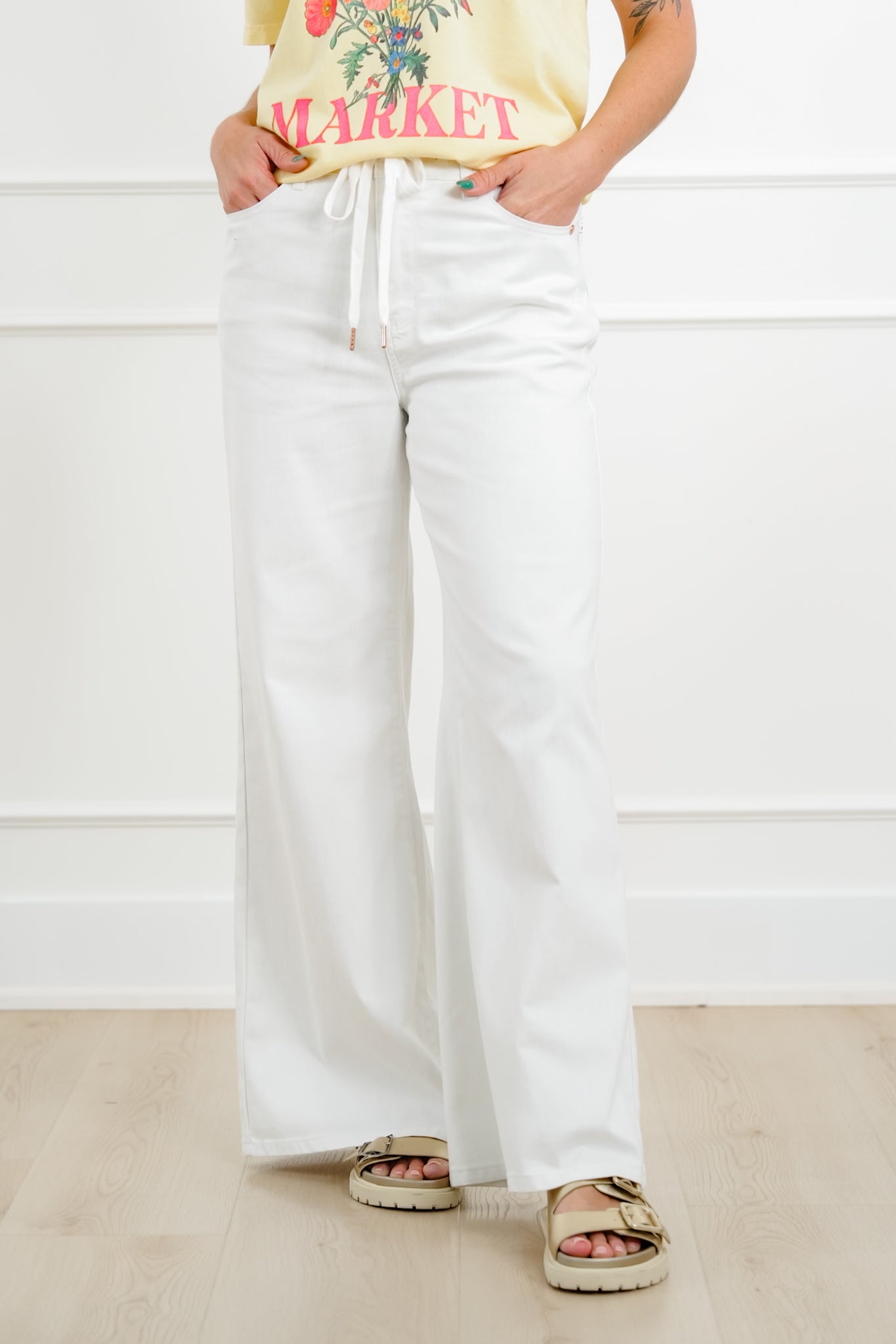 Judy Blue The Sunday Stroll High Rise Multiple Inseam White Featherweight Palazzo Jeans with Elastic Waistband
