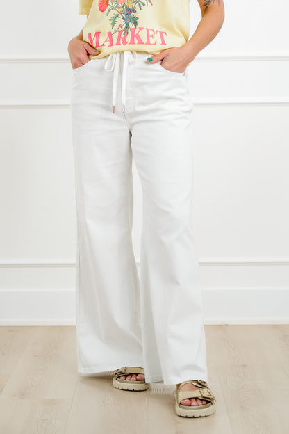 Judy Blue The Sunday Stroll High Rise Multiple Inseam White Featherweight Palazzo Jeans with Elastic Waistband