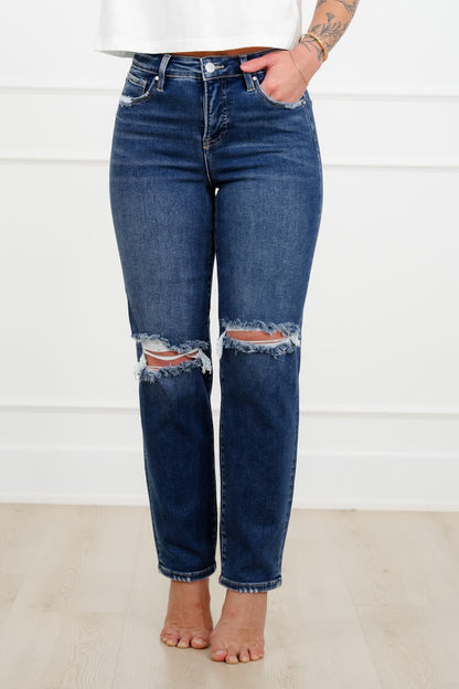 Risen High Rise Dark Wash Tummy Control Distressed Girlfriend Jeans