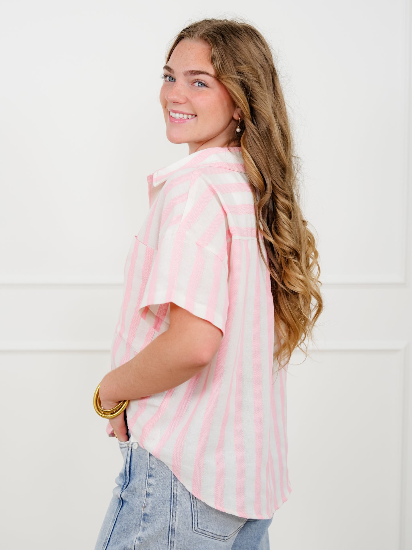 Plus/Reg Stripe Color Block Short Sleeve Button Down Top