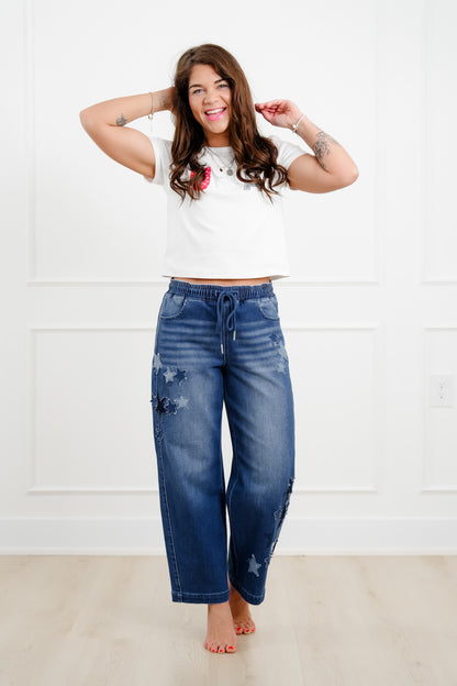 Risen Dark Wash Elastic Waistband Slouchy Barrel Star Patch Jeans