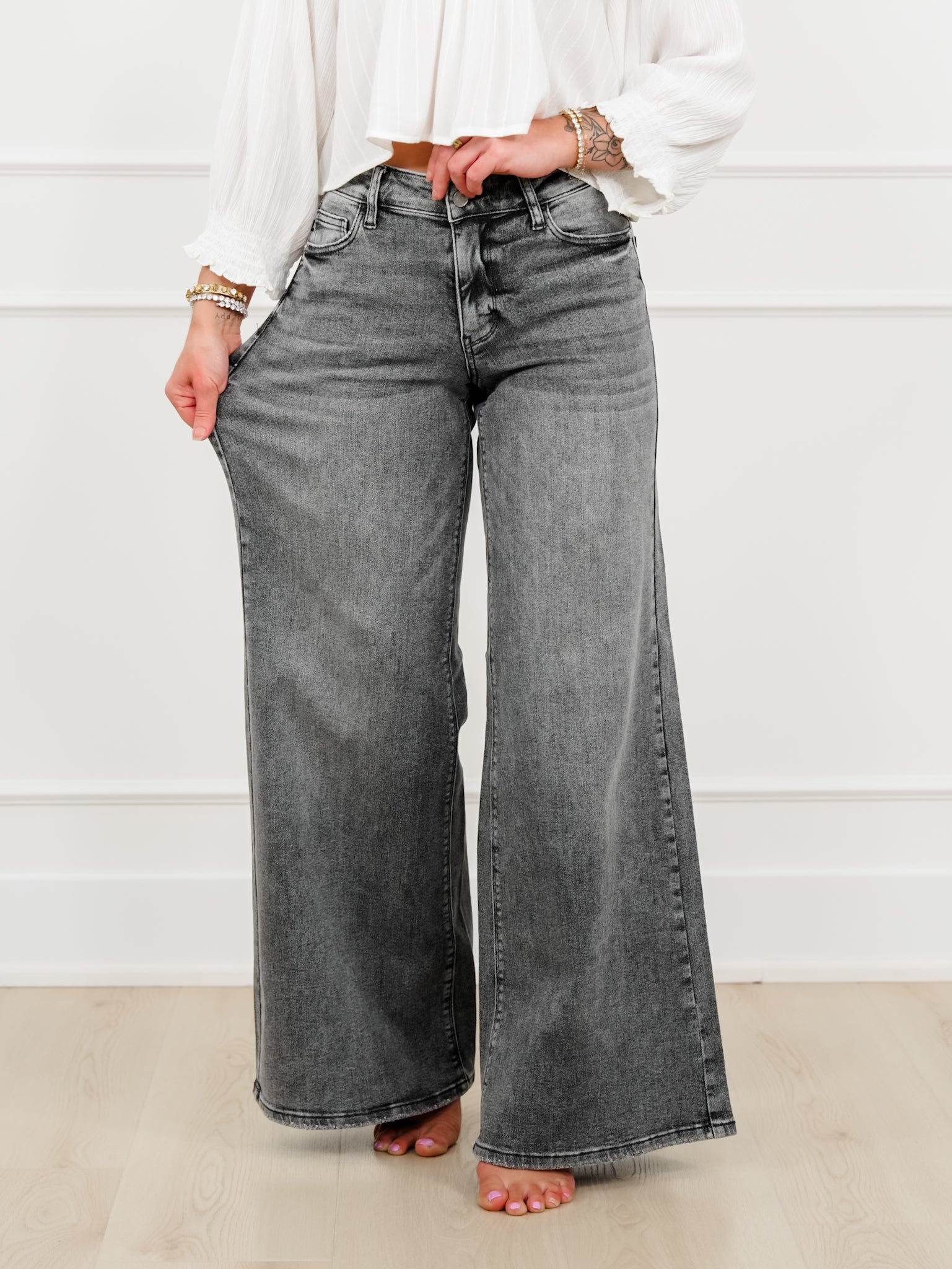 Judy Blue Stormy Days Mid Rise Gray Palazzo Jeans with Split Back