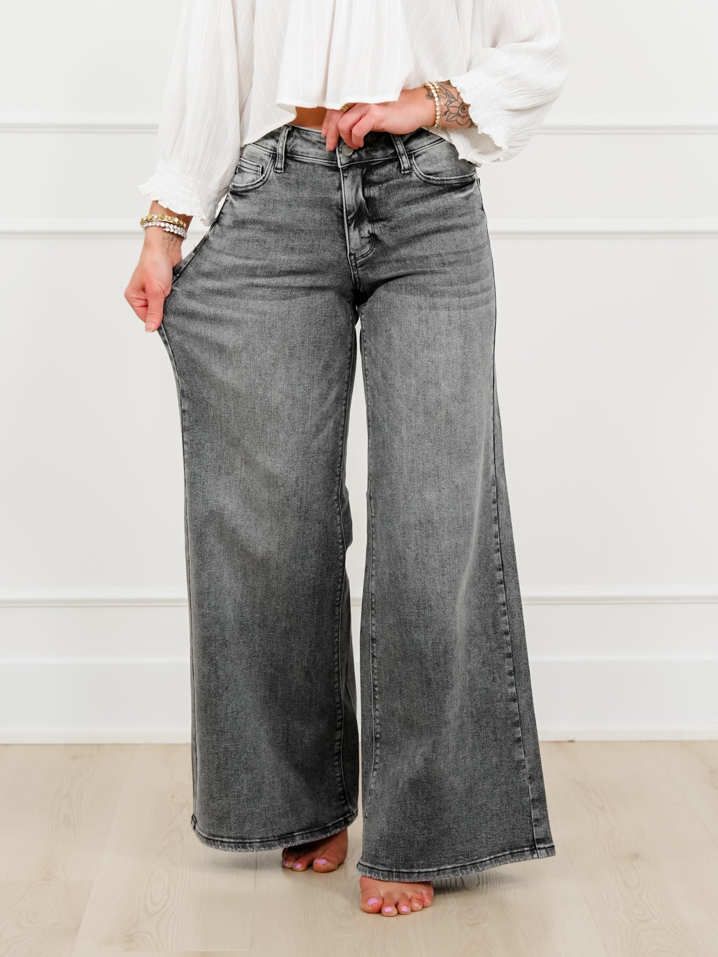 Judy Blue Stormy Days Mid Rise Gray Palazzo Jeans with Split Back Yokes