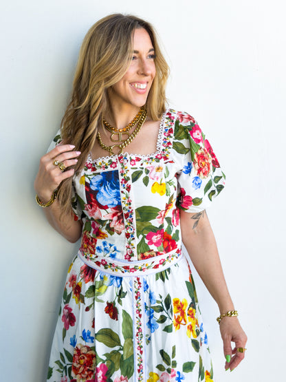Floral Border Puff Sleeve Smocked Crop Top