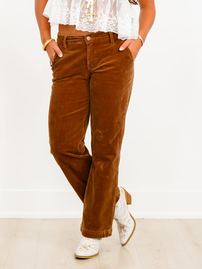Risen Mid Rise Brown Tummy Control Straight Leg Corduroy Pants