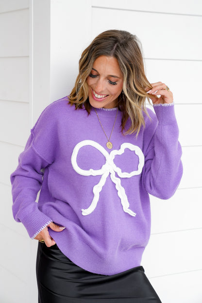 Knit Long Sleeve Crew Neck Sweater with Bow Detail