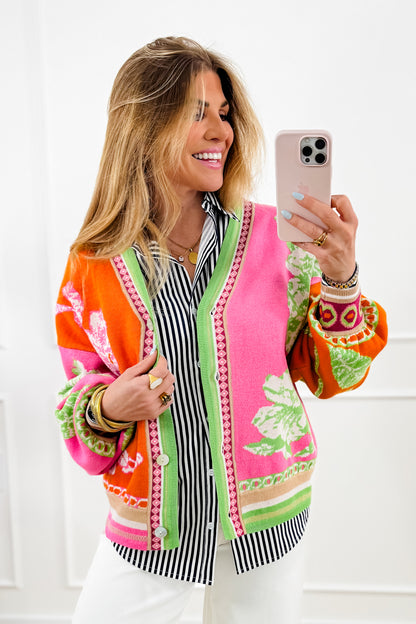 Color Block Floral Print Long Sleeve Button Down Cardigan