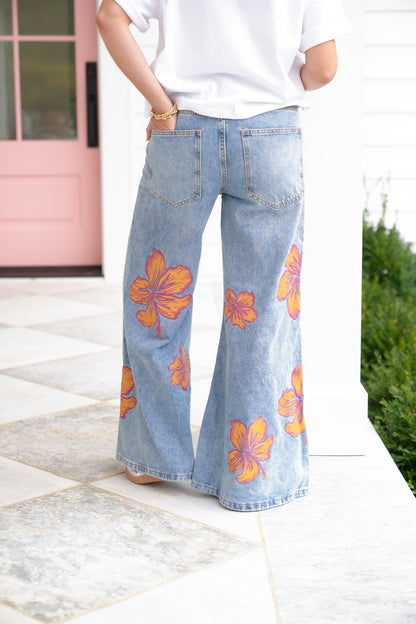 Multi-Inseam Hibiscus Print High Waist Wide Leg Denim Jeans