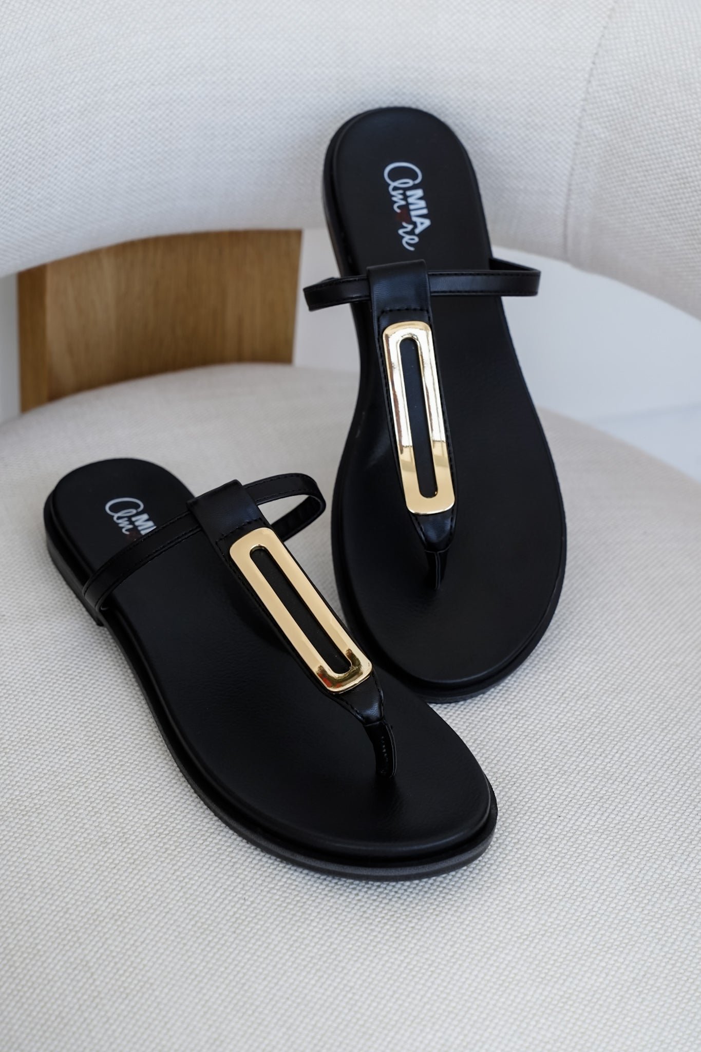 MIA T-Strap Flat Sandals with Gold Accent