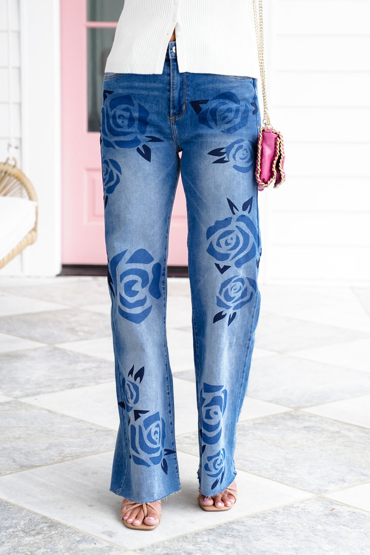 Medium Wash Denim Jeans with Rose Print Detail