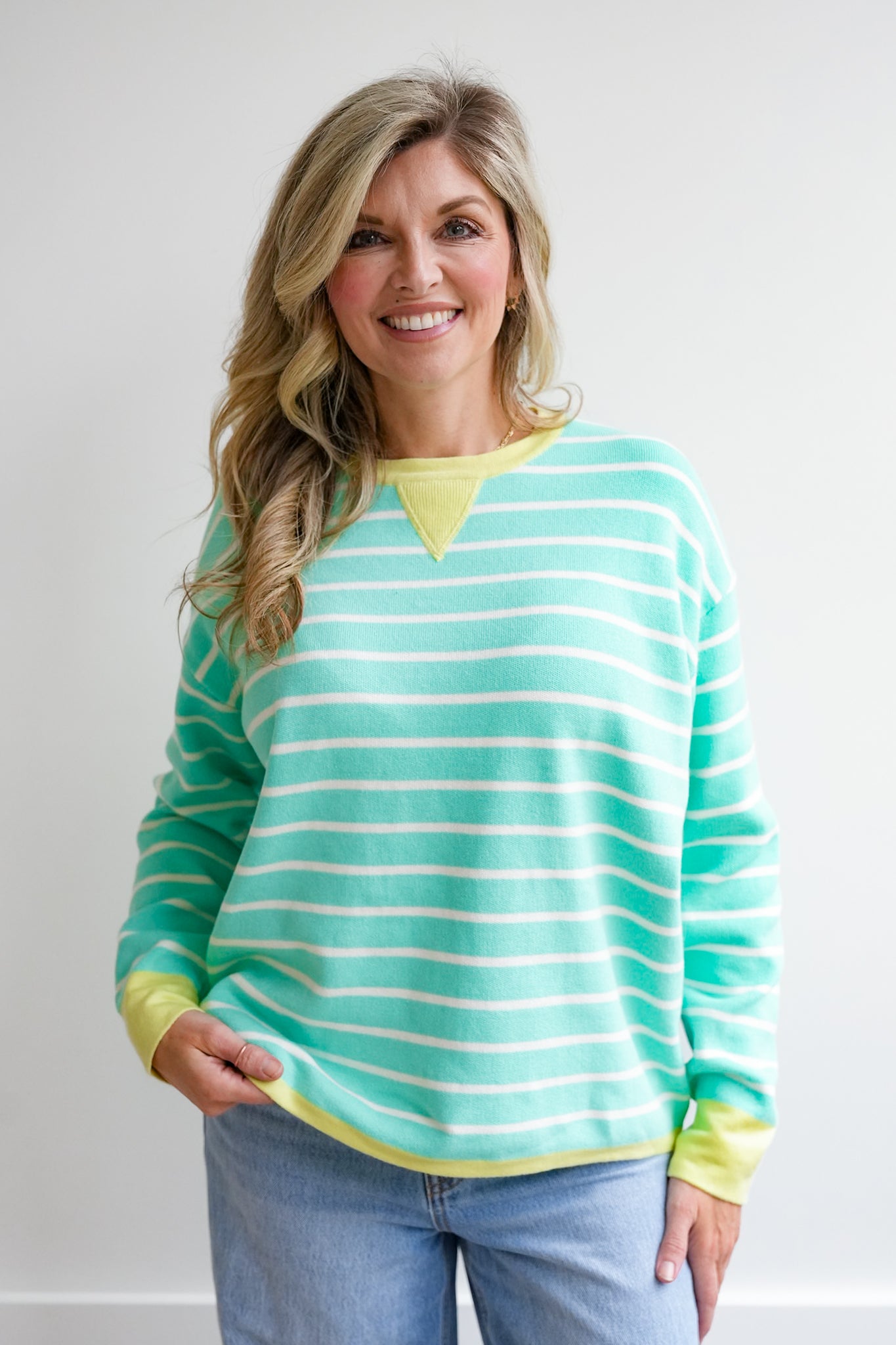 Stripe Long Sleeve Pullover Sweater with Contrast Trim