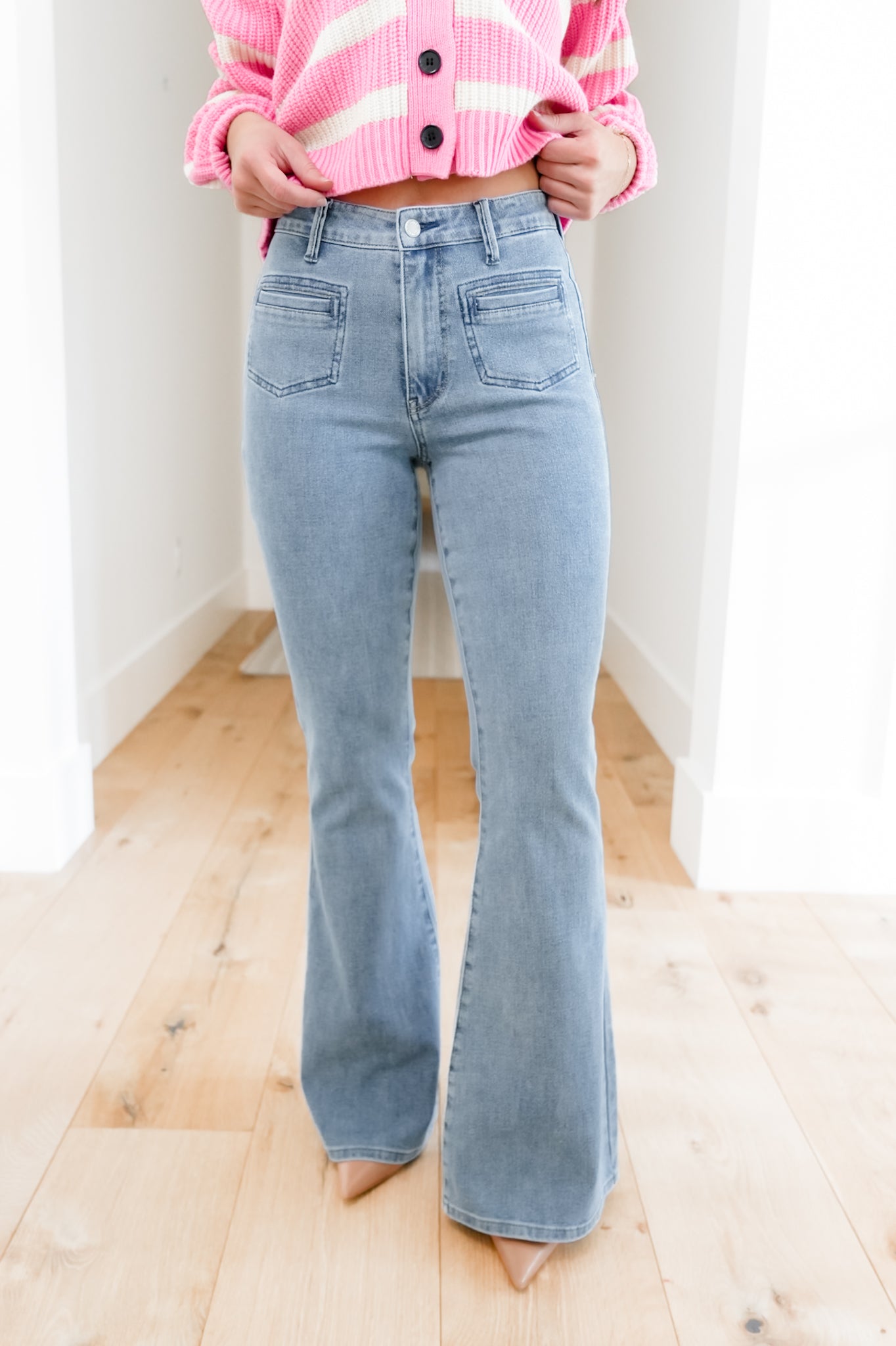Judy Blue High Rise Medium Wash Flare Jeans with Front Patch Pockets