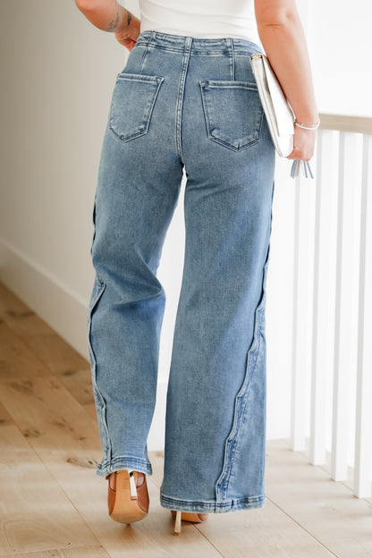 Risen High Rise Medium Wash Wide Leg Jeans with Scalloped Edge