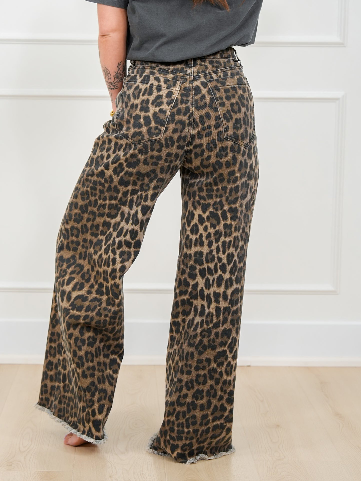 Saige High Rise Leopard Tummy Control Elastic Waist Band Wide Leg Jeans