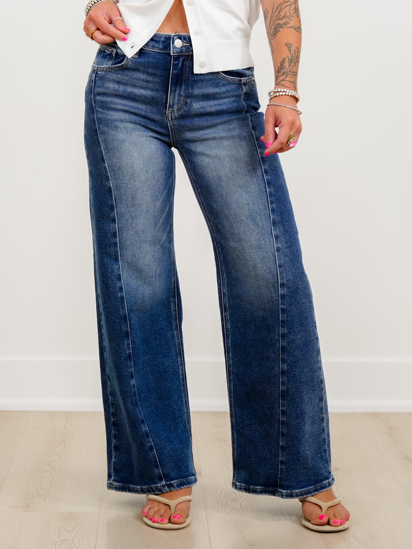 Restock! Risen The Willow Multi Inseam Dark Wash Wide Leg Seam Front Jeans