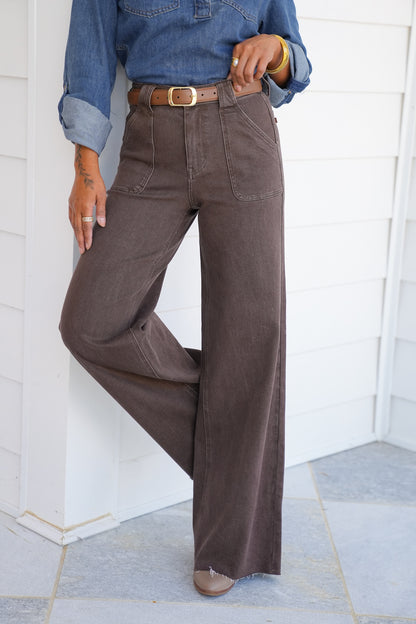 Judy Blue High Rise Brown Retro Wide Leg Jeans with Front Patch Pockets