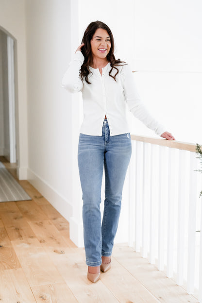 Risen Mid Rise Medium Wash Tummy Control Slim Straight Leg Jeans with Hidden Elastic Waistband