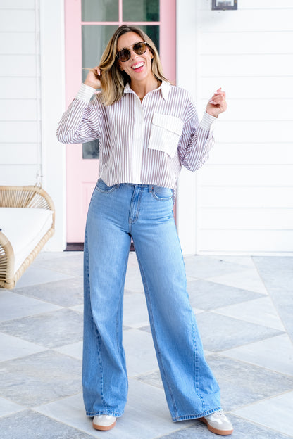 Stripe Color Block Long Sleeve Button Down Top