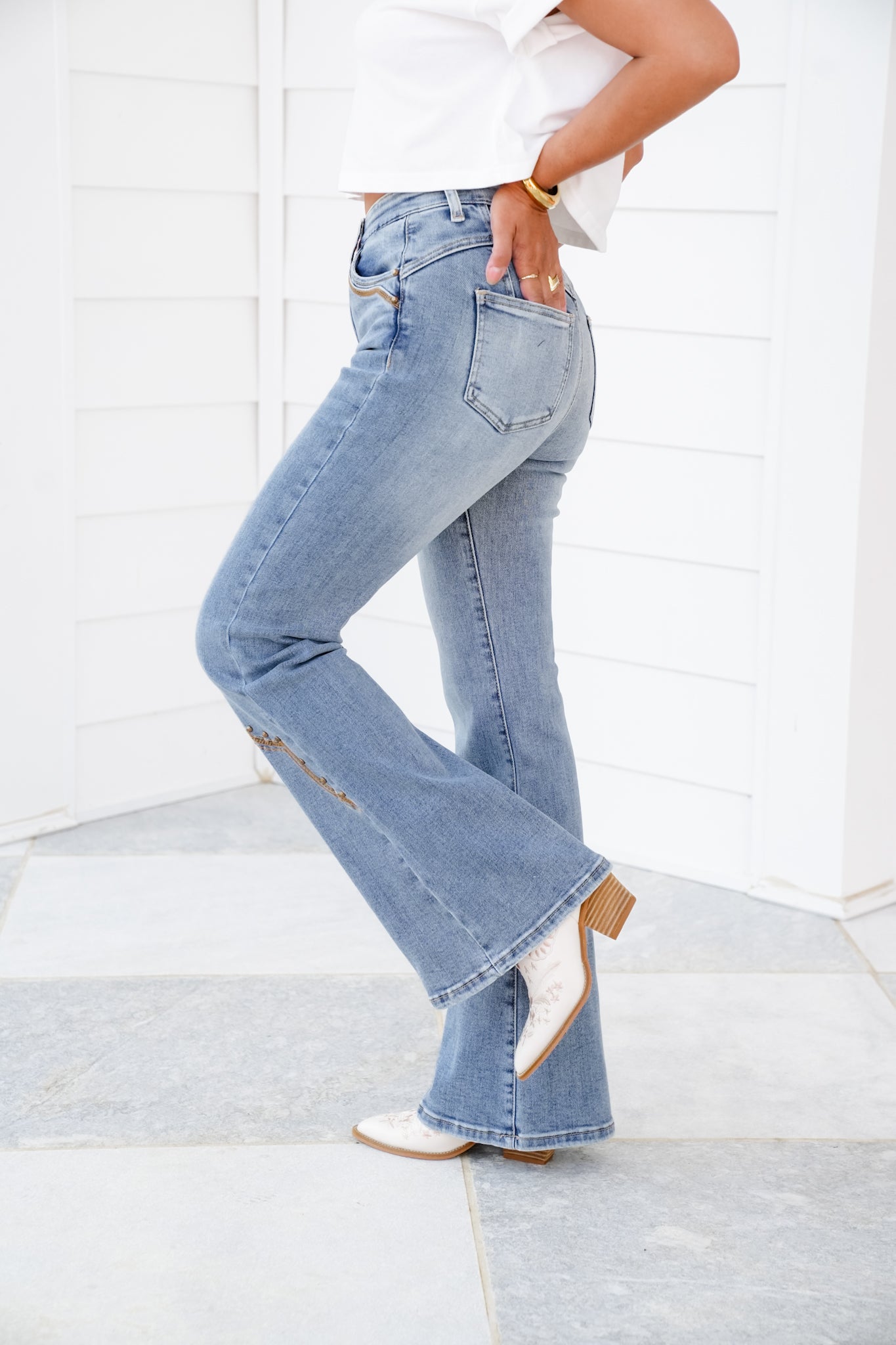 Saige High Rise Medium Wash Tummy Control Flare Jeans With Embroidery