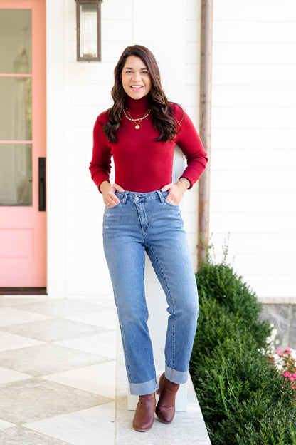 Judy Blue High Rise Medium Wash Distressed Criss-Cross Cuffed Boyfriend Jeans